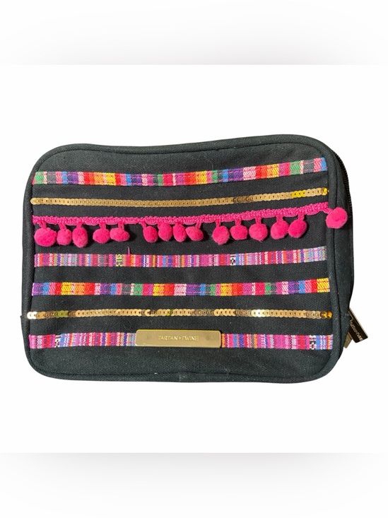 Tartan + Twine Accessories - Black Phone Case Pouch with Pink Pom Trim and Multicolor Stripes